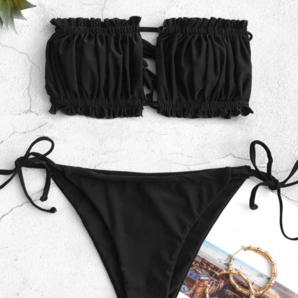 ZAFUL Ruffle Bandeau Black Bikini Swimsuit